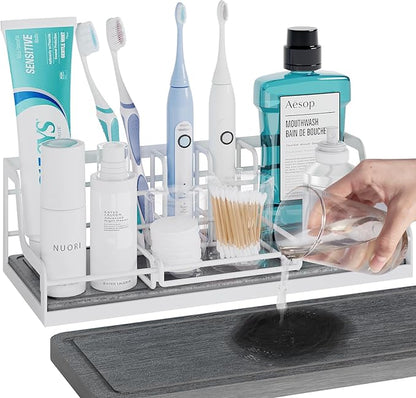 Toothbrush Holders, Bathroom Organizers and Storage with Instant Drying Stone, 6 Slots Bathroom Accessories with Adjustable Toothpaste Holders, Bathroom Counter Organizer, White