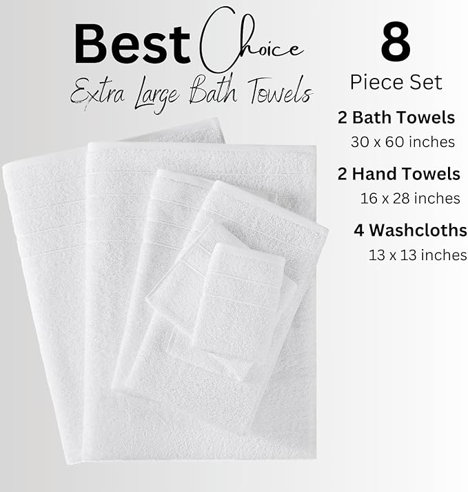 Casa Platino 100% Cotton Luxury Bathroom Towel Set - 8 Pcs - Super Soft, Fluffy & Highly Absorbent - 2 Large Bath Towels, 4 Washcloths, 2 Hand Towels - Complete Family Pack - White Bath Towel Set