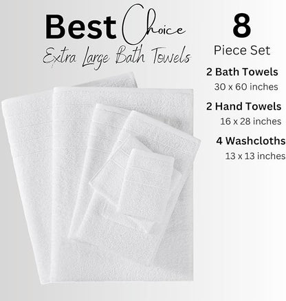Casa Platino 100% Cotton Luxury Bathroom Towel Set - 8 Pcs - Super Soft, Fluffy & Highly Absorbent - 2 Large Bath Towels, 4 Washcloths, 2 Hand Towels - Complete Family Pack - White Bath Towel Set
