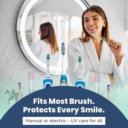 UV Toothbrush Sanitizer Holder & Cleaner with LED Clock Display & Hot Air Drying – Wall-Mounted UV Tooth Brush Holder for Bathroom Decor, Travel Use, Rechargeable Portable Design, Fits All Brushes