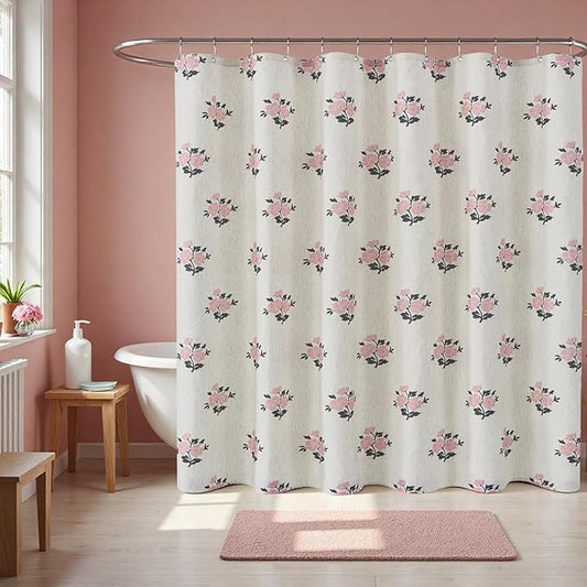 ORTIGIA Boho Pink Shower Curtains for Bathroom Linen Farmhouse Shower Curtain Set with Metal Hooks Block Print Floral Waterproof Aesthetic Rustic Fabric Bath Curtain for Home, Weighted, 72x72