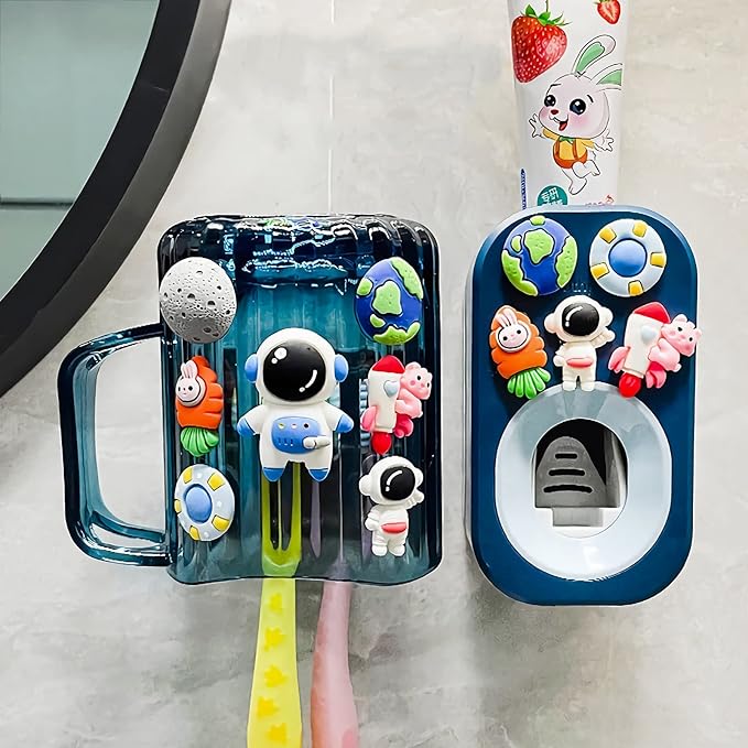 Automatic Toothpaste Dispenser & Toothpaste Holders and Wall Mounted Cup 3 Piece in a Set, is Wall Mounted for Bathroom,Toothpaste Squeezer for Kids & Family Shower by Mr. Thumbs(Navy Blue Set)