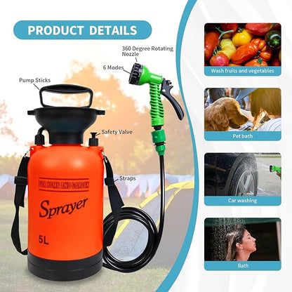 Portable Shower Orange 5L with 7 Spray Modes, Hand Press with Removable Hose and Shower Head