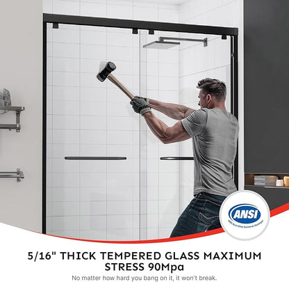 56-60" Wx76 H Semi Frameless Double Sliding Shower Door, 5/16" Tempered Glass&Shatter Proof Film Doubling Safety, Easy Clean Coating&Stainless Steel Hardware, Z-Shaped Water Protection Matte
