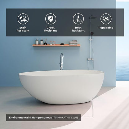 Premium 67'' Solid Surface Freestanding Bathtub, Upgraded Oval Shape Stone Resin Soaking Tub with Drain and Overflow, Matte White