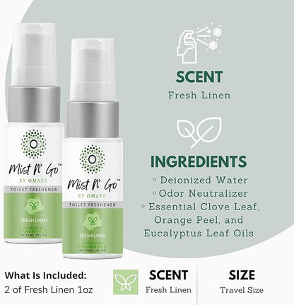 Mist N' Go by Omaze Travel Bathroom Spray - Toilet Odor Eliminator & Air Freshener - Fresh Linen (1oz x2)