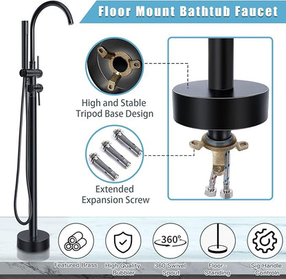 Floor Mount Bathtub Faucet，Matte Black，Freestanding Tub Faucet ，High Flow Dual Function 360 Degree Rotating Tube and Handheld Water Outlet