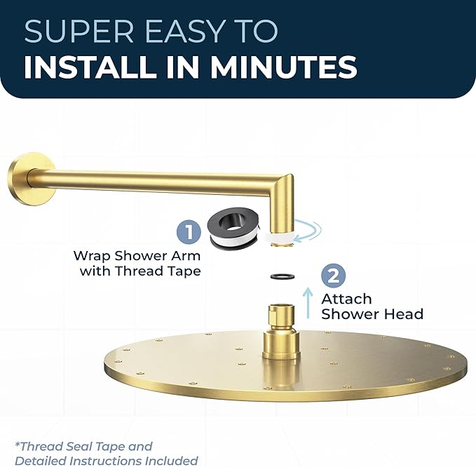 HammerHead Showers® Solid Metal 12 Inch Rainfall Shower Head, Large Rain Shower Head, 2.5 GPM High Flow Shower Head Optimized for Pressure, Wall-Mounted or Ceiling Rain Shower Head, Brushed Gold