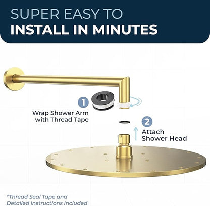 HammerHead Showers® Solid Metal 12 Inch Rainfall Shower Head, Large Rain Shower Head, 2.5 GPM High Flow Shower Head Optimized for Pressure, Wall-Mounted or Ceiling Rain Shower Head, Brushed Gold