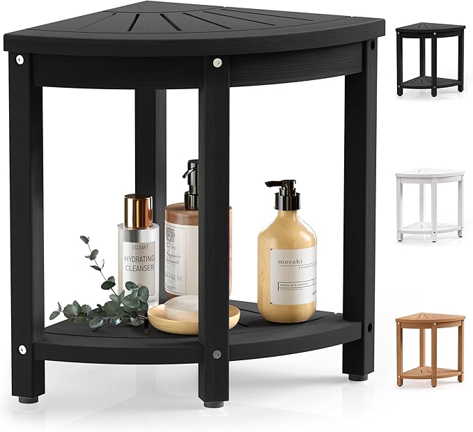 Waterproof Corner Shower Stool for Inside Shower, Poly Lumber Shower Bench Seat Chair, Bath Shower Stool for Shaving Legs Foot Rest with Storage Shelf, Adjustable & Non-Slip Feet, Black