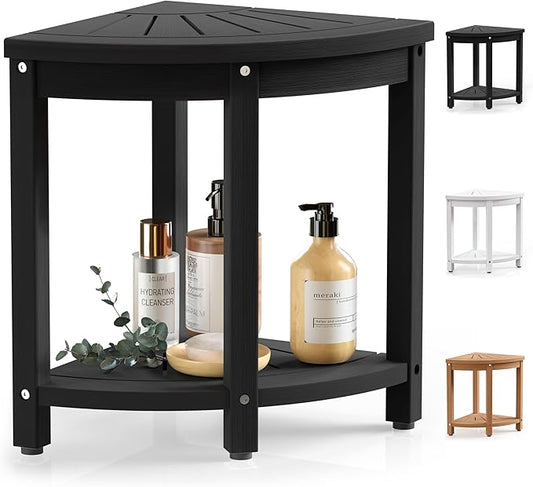 Waterproof Corner Shower Stool for Inside Shower, Poly Lumber Shower Bench Seat Chair, Bath Shower Stool for Shaving Legs Foot Rest with Storage Shelf, Adjustable & Non-Slip Feet, Black