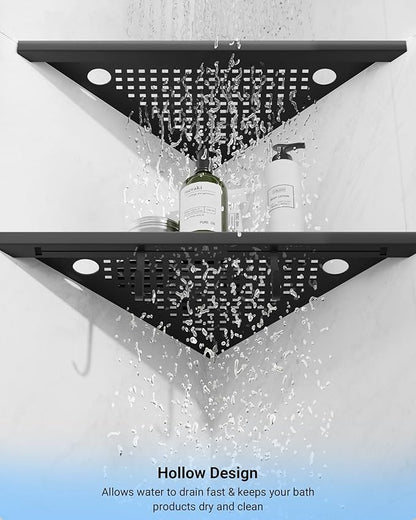 Matte Black Corner Shower Shelves 2-Pack, 10" 304 Stainless Steel Recessed Shelf for Bathroom, Grout in Corner Shelf Racks for Tiled Wall with Hooks and Razor Slot (Holds 15lbs)