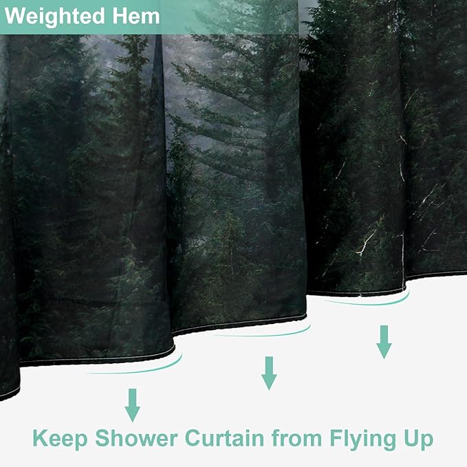 ORTIGIA 36x72 Misty Forest Stall Shower Curtain for Small Bathroom, Dark Green Half Size Narrow Nature Woodland Shower Curtain Set with Hooks, Waterproof Fabric Pine Tree Fog Magic Home Bath Curtain