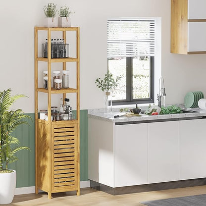 VIAGDO Storage Tall Slim Cabinet with Shutter Door and 3 Tier Shelves, Freestanding Linen Tower Cabinet for Living Room, Kitchen, Bathroom Organizer, Natural Bamboo