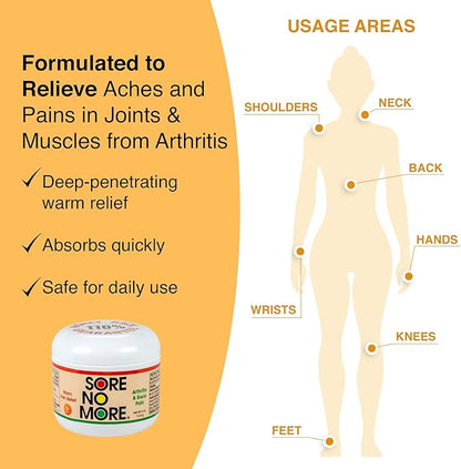 Sore No More Warm Arthritis Pain Relief Cream – Targeted Reliever for Back, Neck, Hands & Feet – Soothing & Fast-Acting Formula for Aches and Pains – Non-Greasy with Orange Aroma – 4 oz