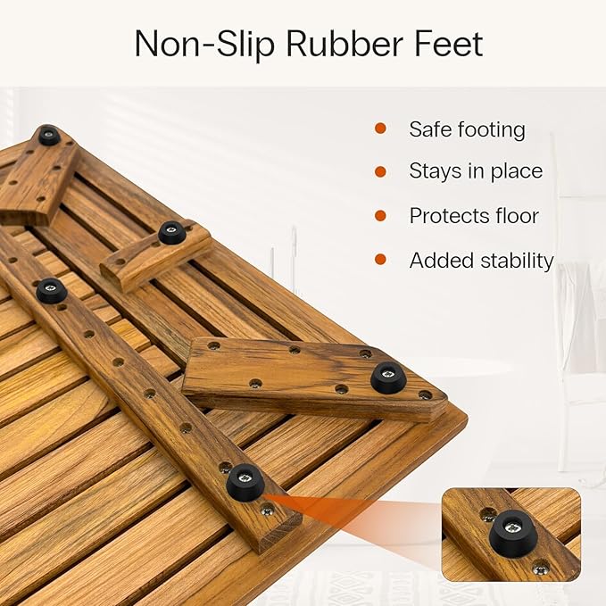 StrongTek Large Teak Bath Mat for Bathroom, 35.4" x 20" Solid Wood Shower Mat, Hand-Oiled Finish, Non-Slip Rubber Feet, Water-Resistant & Quick-Draining, Ideal for Indoor & Outdoor Use
