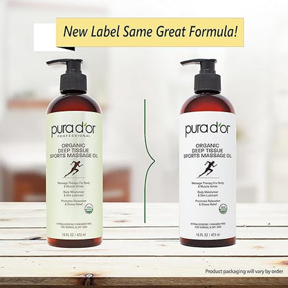 PURA D'OR 16 Oz Organic Deep Tissue Sports Massage - Jojoba, Sunflower, Almond, Grapefruit & Eucalyptus Oils - Alleviate Muscle Soreness