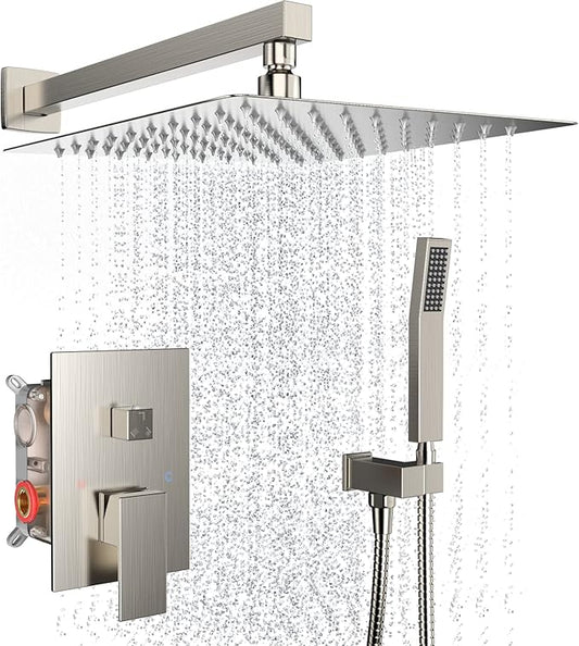 Shower System Wall Mounted 10 inch Shower Overhead for Bathroom,Rain Shower Combo Set with Handheld Spray,Luxury Rainfall Shower Head Rough-in Valve and Trim Included(Brushed Nickel)