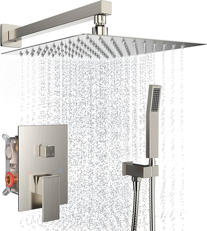 Rain Shower System 12 Inches Shower Head with Handheld Combo Set for Bathroom,High Pressure Rainfall Shower Faucet Set Wall Mounted,Rough-in Valve and Trim Kit(Brushed Nickel)