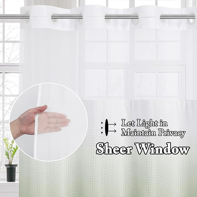 Gibelle No Hook Waffle Weave Shower Curtain with Snap-in Fabric Liner Set for Bathroom, Hotel Style with Mesh Top Window, Waterproof & Washable, Ombre Sage Green, 72x74