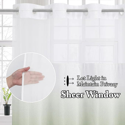 Gibelle No Hook Waffle Weave Shower Curtain with Snap-in Fabric Liner Set for Bathroom, Hotel Style with Mesh Top Window, Waterproof & Washable, Ombre Sage Green, 72x74