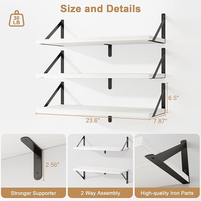 Fun Memories Floating Bookshelves, Set of 3 Wall-Mounted Wood Shelves 24" W x 8" D, Decorative Wall Shelf for Living Room, Bedroom, Bathroom, and Laundry Room (White)