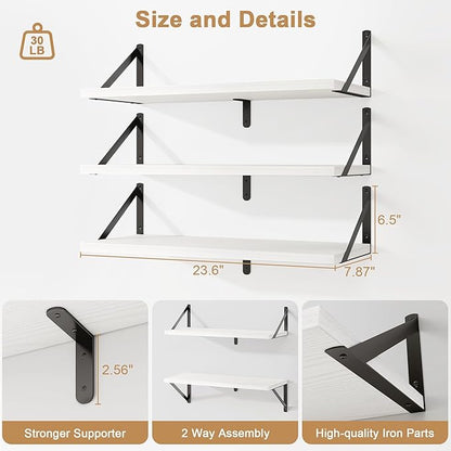 Fun Memories Floating Bookshelves, Set of 3 Wall-Mounted Wood Shelves 24" W x 8" D, Decorative Wall Shelf for Living Room, Bedroom, Bathroom, and Laundry Room (White)