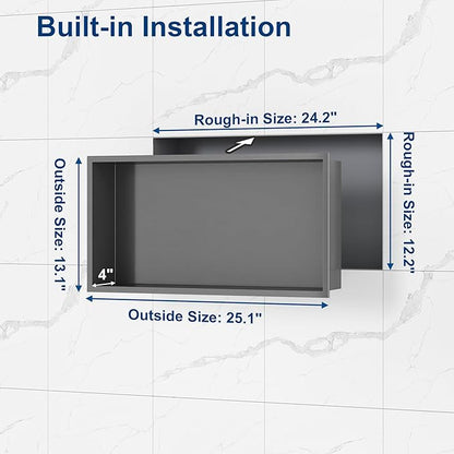 Neodrain 24X12Inch Shower Niche, Gun Metal Stainless Niche NO Tile Needed Recessed Shower Shelf for Bathroom Storage