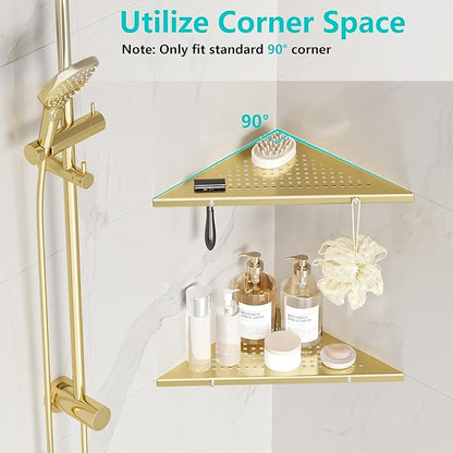 10" Bathroom Corner Shelf, 2 Pack Recessed Shower Shelf Caddy, SUS304 Stainless Steel Shelf Wall Mount Triangular, No Drilling Brushed Golden
