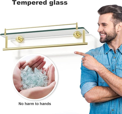 Towel Rack with Tempered Glass Shelf for Bathroom 20 Inch, Brushed Gold Floating Wall Mount Storage
