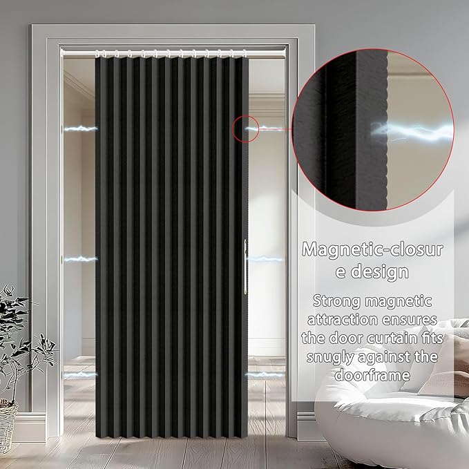 Accordion Door Curtain Set - 100% Blackout, with Curtain Rod Included, for Bedroom Privacy Protection (Black-53 W x 78" L+Rod)