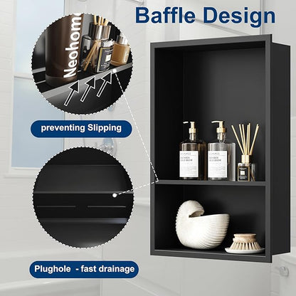 Neodrain 12X18 Inch Matte Black Double Shelf Stainless Steel Shower Niche, No Tile Needed Bathroom Organizer, Two Layer Recessed Built-in Wall Niche