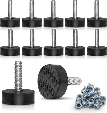 12 Pack All-Rubber 1/4"-20 UNC Leveling Feet with Inserts, Adjustable Levelers for Table Chair Stool Legs - 0.35" to 0.85" Height Range, Anti-Slip