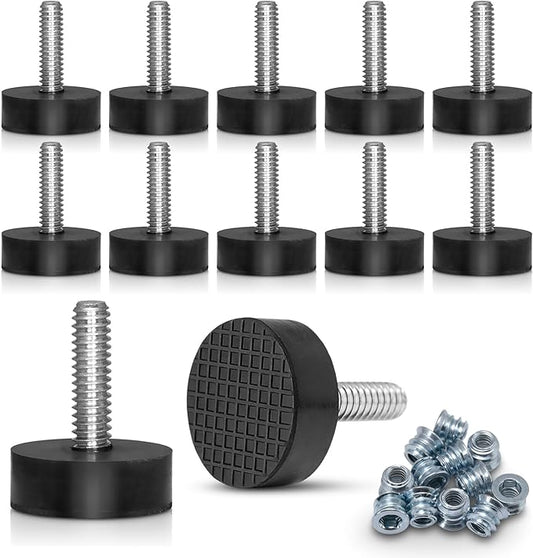 12 Pack All-Rubber 1/4"-20 UNC Leveling Feet with Inserts, Adjustable Levelers for Table Chair Stool Legs - 0.35" to 0.85" Height Range, Anti-Slip