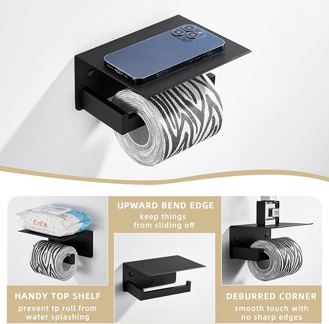 Angle Simple Toilet Paper Holder with Shelf Matte Black, 304 Stainless Steel Lavatory Tissue Roll Holder for Wall