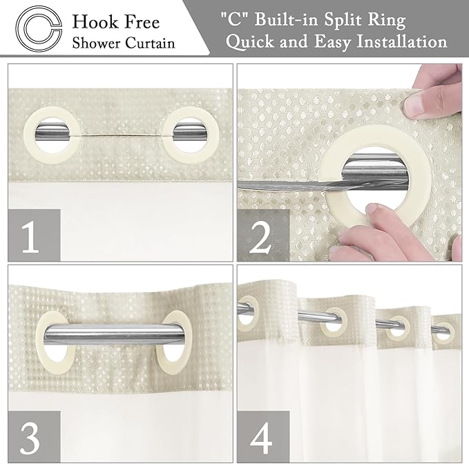 Gibelle Long Shower Curtain 72x80, Waffle Weave Bathroom Shower Curtain with Snap-in Fabric Liner Set, No Hooks Needed, Hotel Style with Mesh Top Window, Ivory