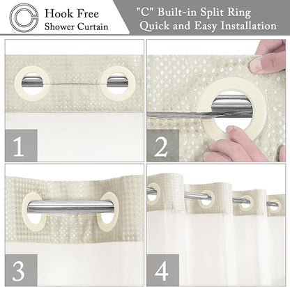 Gibelle Long Shower Curtain 72x80, Waffle Weave Bathroom Shower Curtain with Snap-in Fabric Liner Set, No Hooks Needed, Hotel Style with Mesh Top Window, Ivory