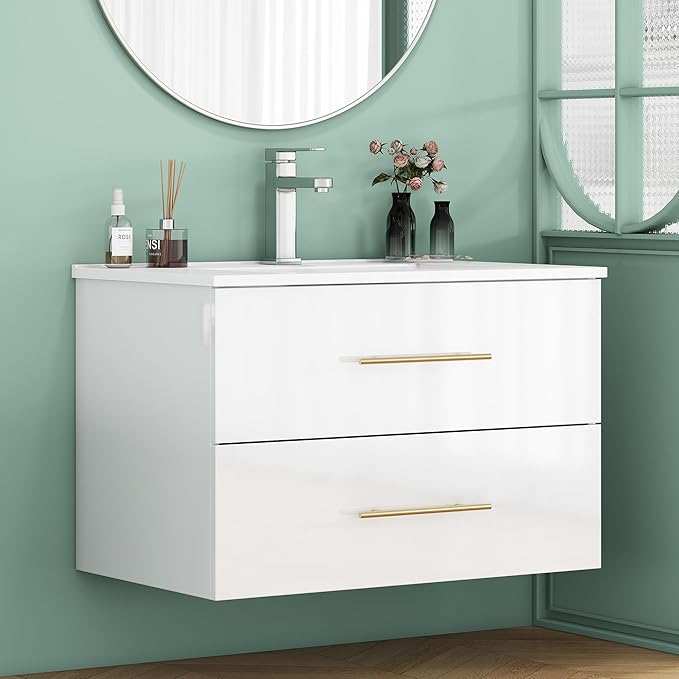 32" Wall Mounted Bathroom Vanity with Sink, High Gloss White Floating Cabinet, Modern Gold Handles, 2 Soft Close Drawers, Integrated Ceramic Top for Powder Room