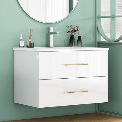 32" Wall Mounted Bathroom Vanity with Sink, High Gloss White Floating Cabinet, Modern Gold Handles, 2 Soft Close Drawers, Integrated Ceramic Top for Powder Room