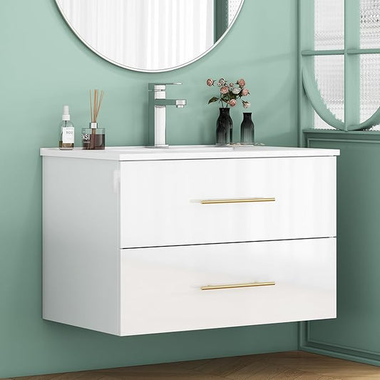 32" Wall Mounted Bathroom Vanity with Sink, High Gloss White Floating Cabinet, Modern Gold Handles, 2 Soft Close Drawers, Integrated Ceramic Top for Powder Room