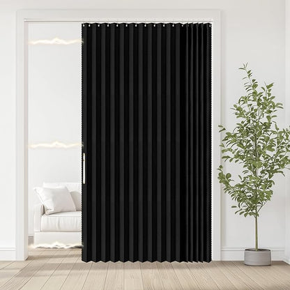 Accordian Door Curtain, 100% Blackout Folding Magnetic Doorway Curtains,Linen Style Closet Doors,for Room Divider,Privacy Protection（W72 x L78,Black,1 Panel）