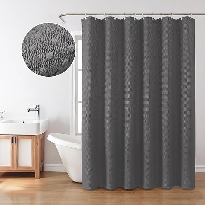 Inhousolu Fabric Shower Curtain Waffle Weave, Graphite Grey 230 GSM Heavy Duty, Weighted Hem, 14 Metal Hooks, Water Repellent, Machine Washable, Hotel Spa Luxury Bath Curtain Set, 72 x 72 Inch