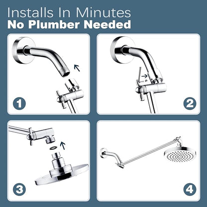 BRIGHT SHOWERS 15 Inch Extra Long Shower Head Extension Arm, Solid Brass Shower Arm Extender with Locking Screw for Rain and Handheld Showerhead, Height & Angle Adjustable, Chrome