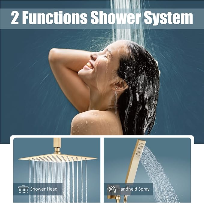 Aolemi Ceiling Mount Shower System Rain Shower Head with Handheld Spray High Pressure Shower Faucet Set Rough-in Valve Shower Trim Kit Included Bathroom Brused Gold 12 Inch Ceiling Shower Head