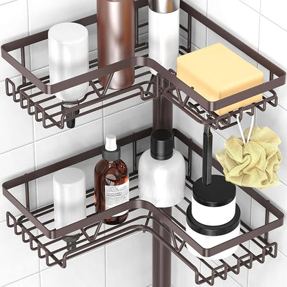 KEGII Floor Corner Shower Caddy Standing, Rustproof 4-Tier Shower Shelf Organizer with Hooks & Soap Holder, Free-Standing Bathroom Storage Rack for Shampoo & Toiletries, Bronze