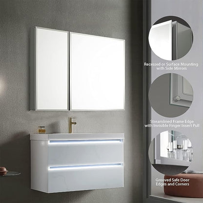 Blossom 30x26 Inch Aluminum Medicine Cabinet with Mirror – Recessed or Surface Wall Mounted Bathroom Storage with Adjustable Glass Shelves, Soft Close Hinges, Rust-Resistant and Modern Mirrored Design