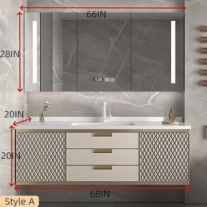 68IN Modern Bathroom Vanity - Wall-Mounted Bathroom Cabinet with LED Light | Intelligent Defogging Mirror Cabinet Includes Time Display Function, 2 Drawers & 2 Storage Cabinets (Style A)