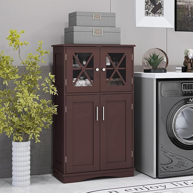 Tangkula Freestanding Floor Cabinet w/2 Glass Doors, 3-Level Adjustable Shelves, Anti-toppling Design, Kitchen Pantry Cupboard for Bathroom, Living Room (Brown)