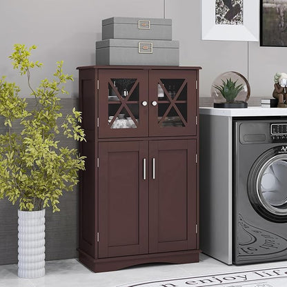 Tangkula Freestanding Floor Cabinet w/2 Glass Doors, 3-Level Adjustable Shelves, Anti-toppling Design, Kitchen Pantry Cupboard for Bathroom, Living Room (Brown)