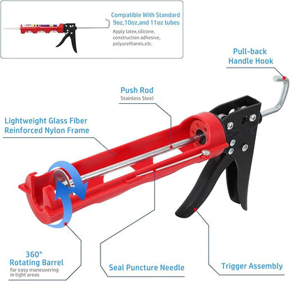Drip-free Caulking Gun Ratchet Rod Caulk Gun Applicator 15:1 Thrust Ratio Labor-saving Lightweight Nylon Frame Cartridge Gun Fits 10oz/310ml Standard Caulk Tubes with Silicone Finishing Tools